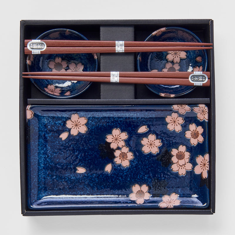 Set japonez pentru servire sushi, din ceramica, Sakura Albastru, 4 piese (2)