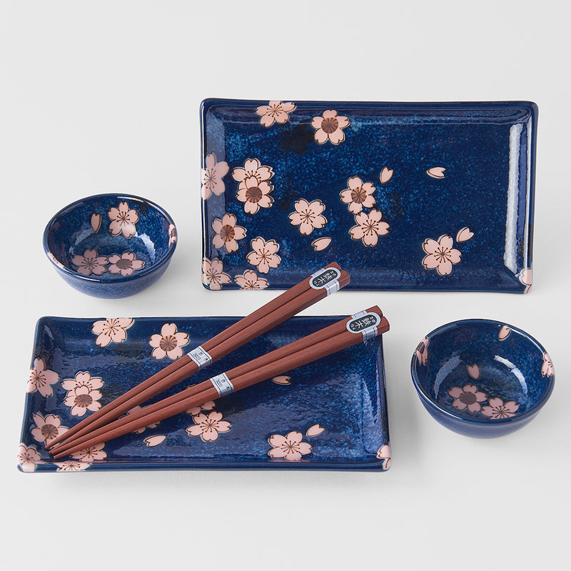 Set japonez pentru servire sushi, din ceramica, Sakura Albastru, 4 piese (1)