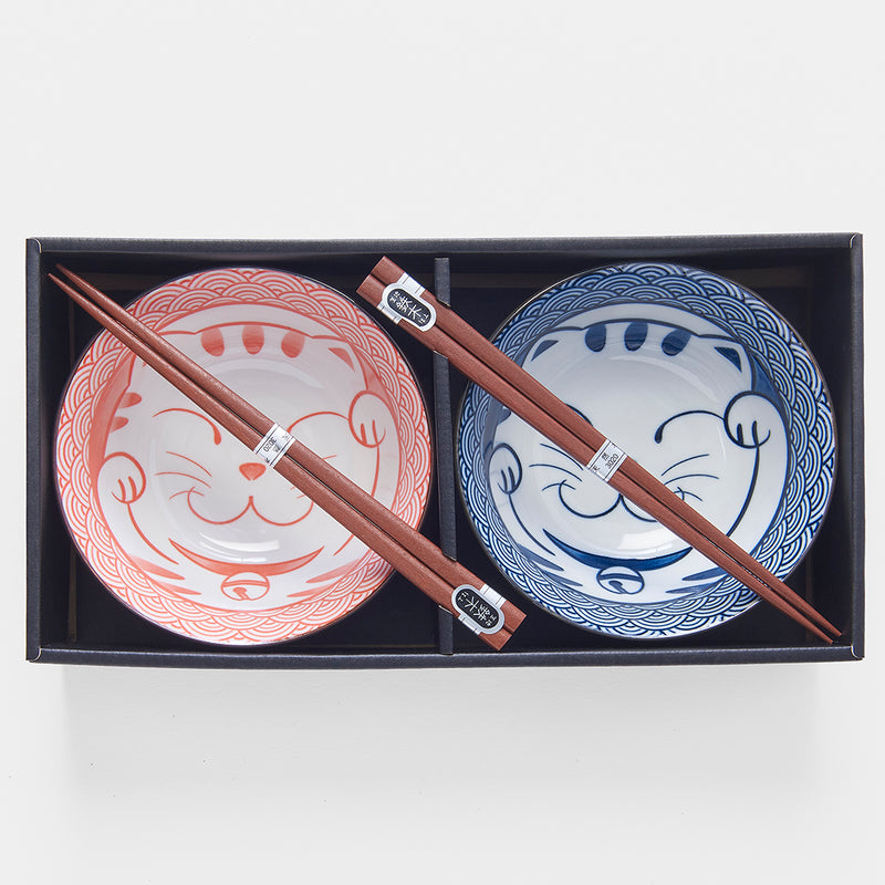 Set 2 boluri cu 4 bete japoneze, din ceramica, Maneki Wave Rosu, 400 ml (2)