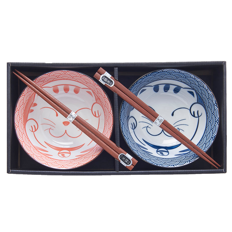 Set 2 boluri cu 4 bete japoneze, din ceramica, Maneki Wave Rosu, 400 ml