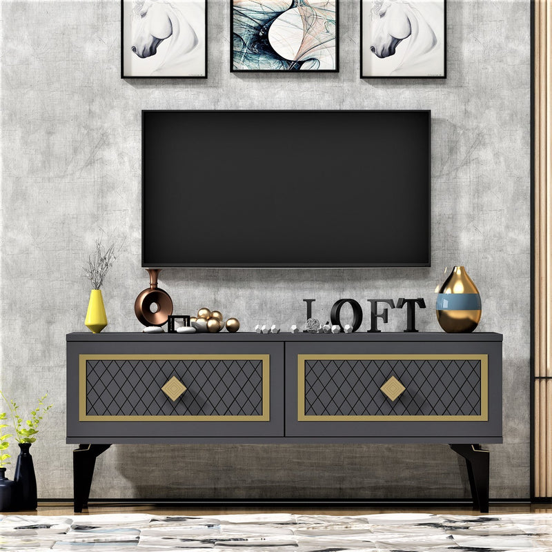 Comoda TV din lemn, cu 2 usi, Arel Antracit / Auriu, l120xA29,6xH49 cm