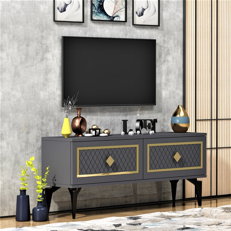 Comoda TV din lemn, cu 2 usi, Arel Antracit / Auriu, l120xA29,6xH49 cm (2)