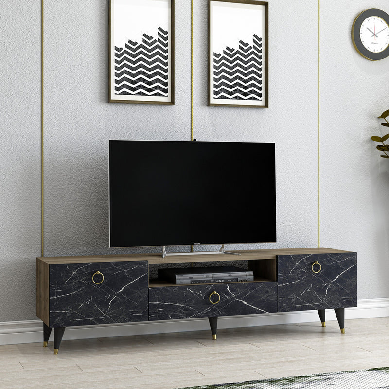 Comoda TV din pal si metal, cu 3 usi, Cavelli Nuc / Negru, l150xA31,3xH45 cm