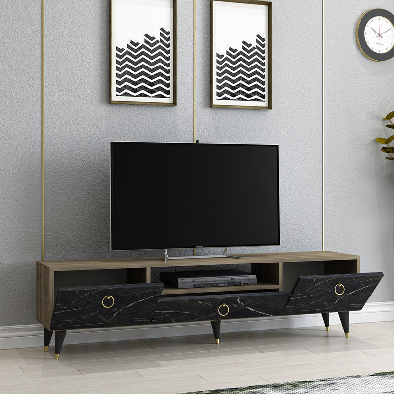 Comoda TV din pal si metal, cu 3 usi, Cavelli Nuc / Negru, l150xA31,3xH45 cm (1)