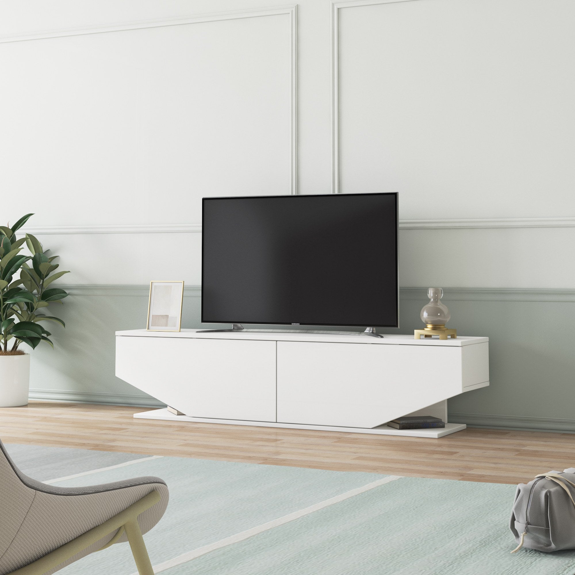 Comoda TV din pal si plastic, cu 2 usi, Ares Alb, l160xA32,7xH37 cm