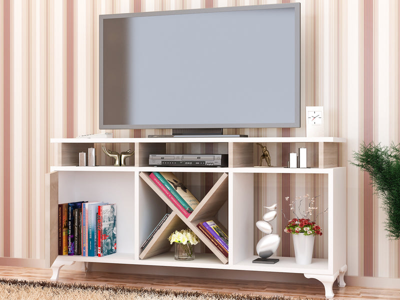 Comoda TV din pal, cu 1 usa, Ay Alb / Stejar, l120xA29,5xH53,6 cm (2)