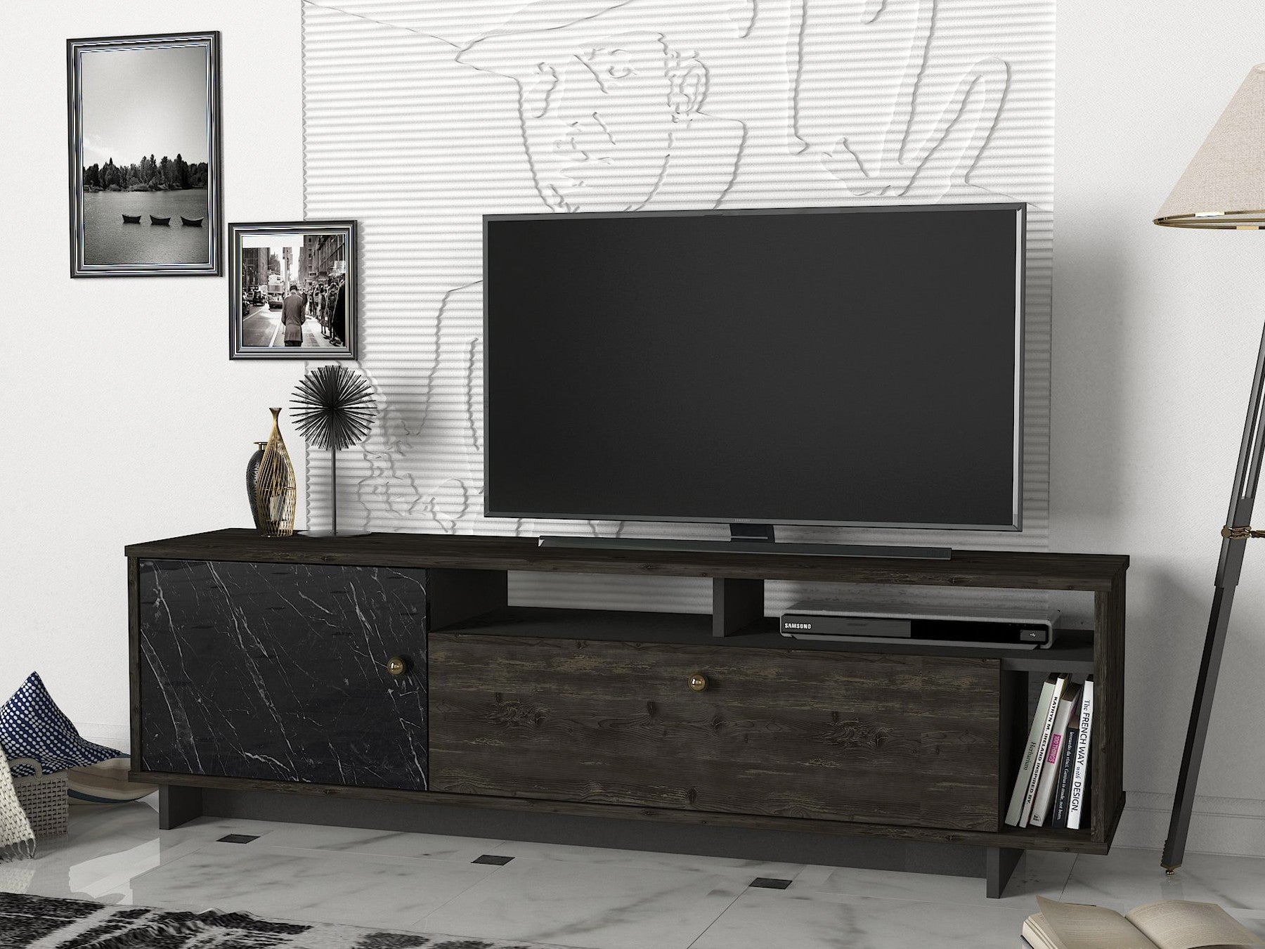 Comoda TV din pal si plastic, cu 2 usi, Artem Negru / Nuc Inchis, l140xA34,8xH47,4 cm