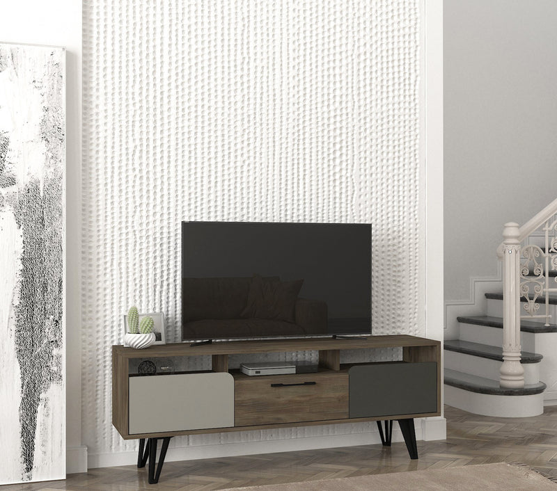Comoda TV din pal si metal, cu 1 sertar si 2 usi, Borges Gri / Antracit / Nuc, l150xA35xH55,6 cm (1)
