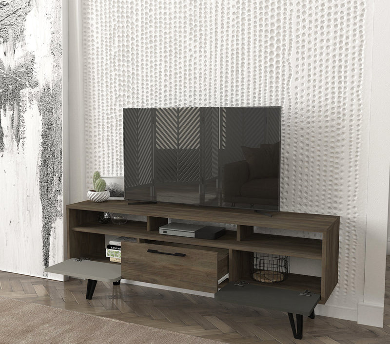 Comoda TV din pal si metal, cu 1 sertar si 2 usi, Borges Gri / Antracit / Nuc, l150xA35xH55,6 cm (2)
