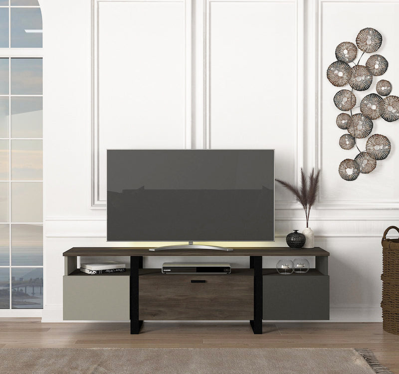 Comoda TV din pal si plastic, cu 3 usi, Arne Gri / Antracit / Nuc, l150xA31,5xH46,2 cm