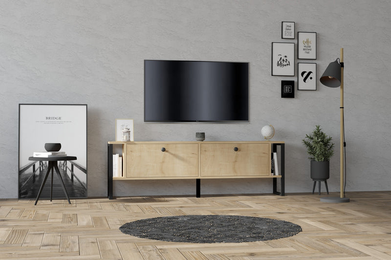 Comoda TV din pal, cu 2 usi, Ahu Stejar Sapphire, l160xA24,5xH50,4 cm
