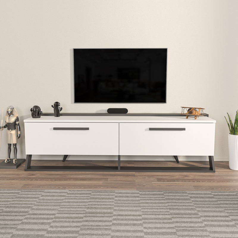 Comoda TV din pal si plastic, cu 2 usi, Astrid Alb/ Negru, l163,8xA36,6xH46,8 cm