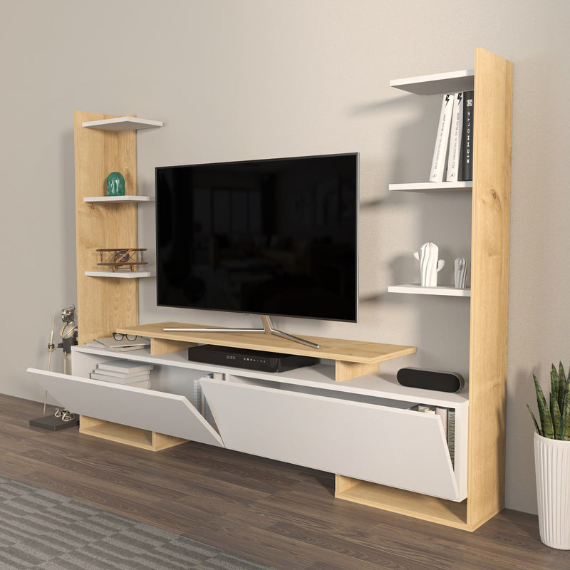 Comoda TV din pal, cu 2 usi, Ava Stejar / Alb, l183,6xA31,7xH140 cm (2)