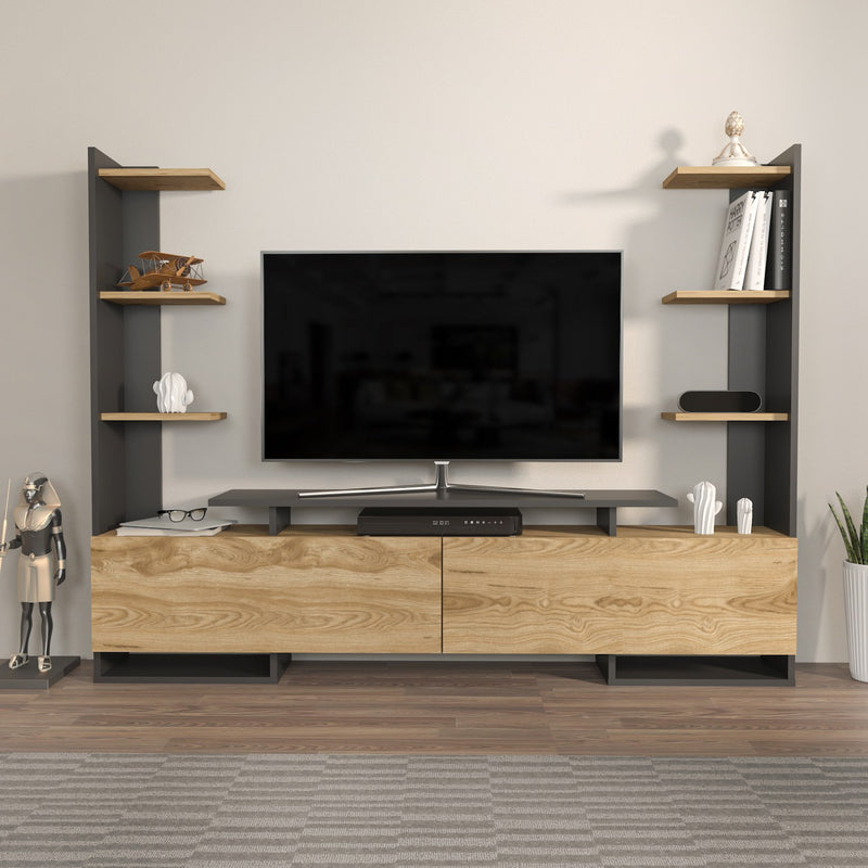 Comoda TV din pal, cu 2 usi, Ava Stejar / Negru, l183,6xA31,7xH140 cm