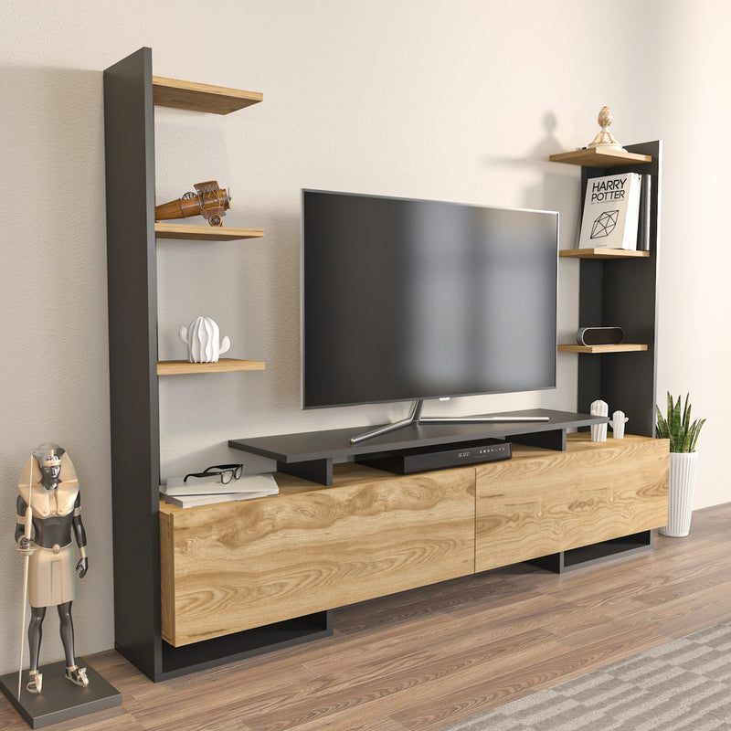 Comoda TV din pal, cu 2 usi, Ava Stejar / Negru, l183,6xA31,7xH140 cm (1)
