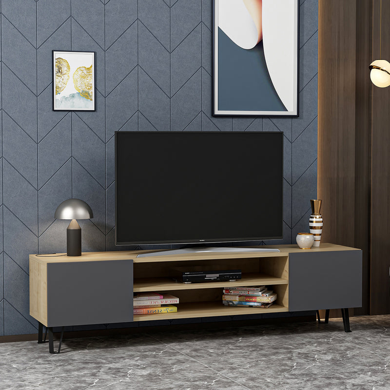 Comoda TV din pal si metal, cu 2 usi, Bloom Antracit / Stejar, l160xA37,4xH47 cm