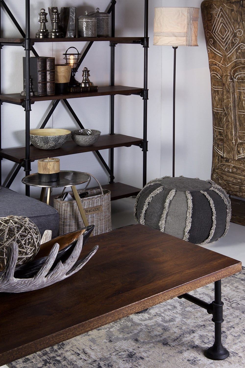 Biblioteca din lemn si metal, Pipa Nuc / Negru, l100xA40xH180 cm (5)