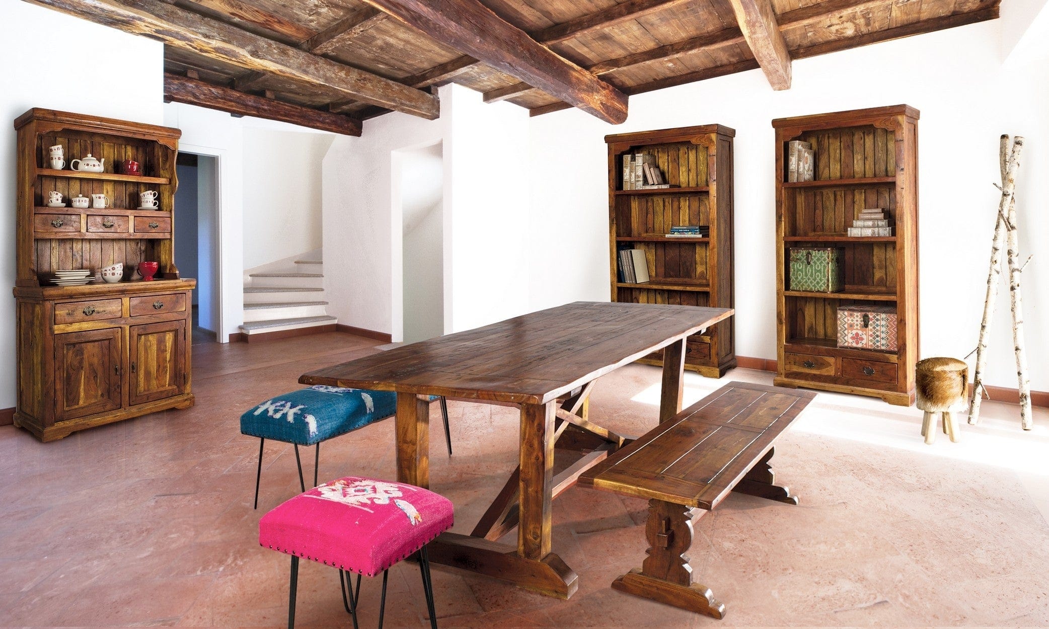Biblioteca din lemn de salcam, cu 2 sertare Chateaux Natural, l100xA35xH185 cm (1)