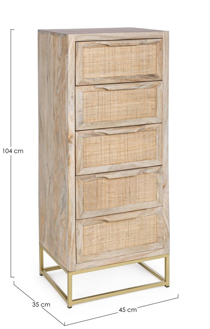 Cabinet din lemn de mango si metal, cu 5 sertare Exor Natural / Auriu, l45xA35xH104 cm (3)