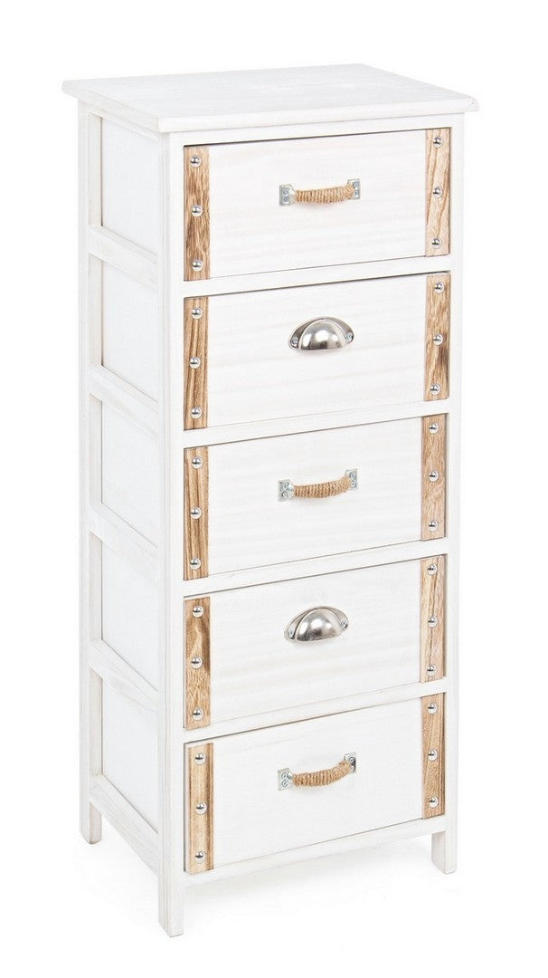 Cabinet din lemn de Paulownia, cu 5 sertare Romance Large Alb / Natural, l40xA29xH90 cm