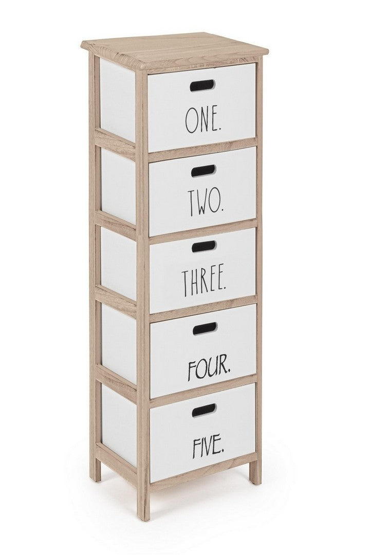 Cabinet din lemn de Paulownia si MDF, cu 5 sertare Numbers Slim Alb / Natural, l26xA32xH98 cm