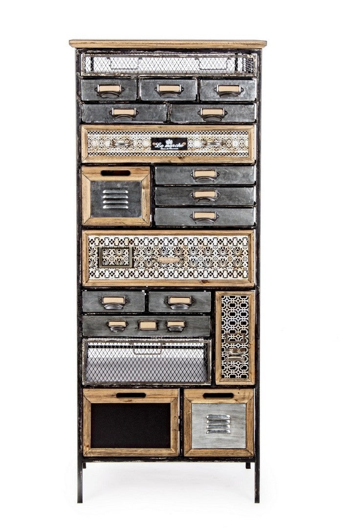 Cabinet din lemn de pin si metal, cu 19 sertare Officina Gri / Natural, l59xA33,5xH146 cm (4)