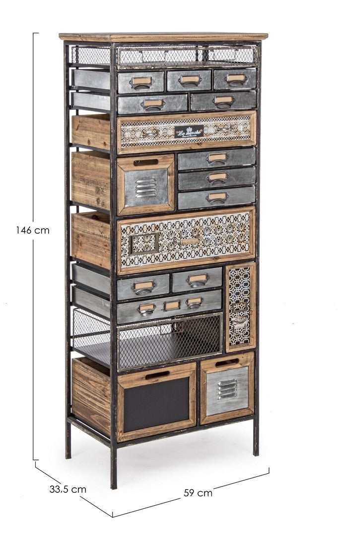 Cabinet din lemn de pin si metal, cu 19 sertare Officina Gri / Natural, l59xA33,5xH146 cm (11)