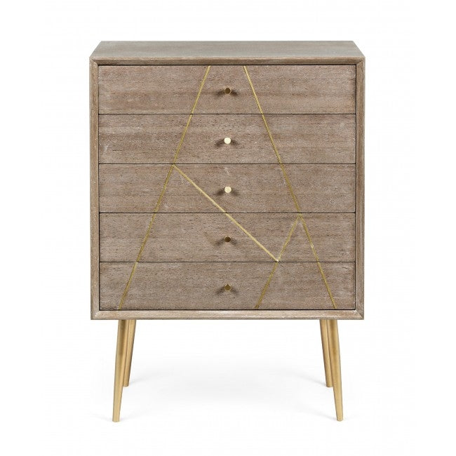 Cabinet din lemn de tec si MDF, cu 5 sertare Filomena Natural / Auriu, l60xA35xH85 cm (1)