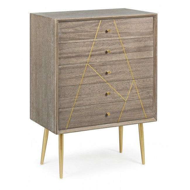 Cabinet din lemn de tec si MDF, cu 5 sertare Filomena Natural / Auriu, l60xA35xH85 cm