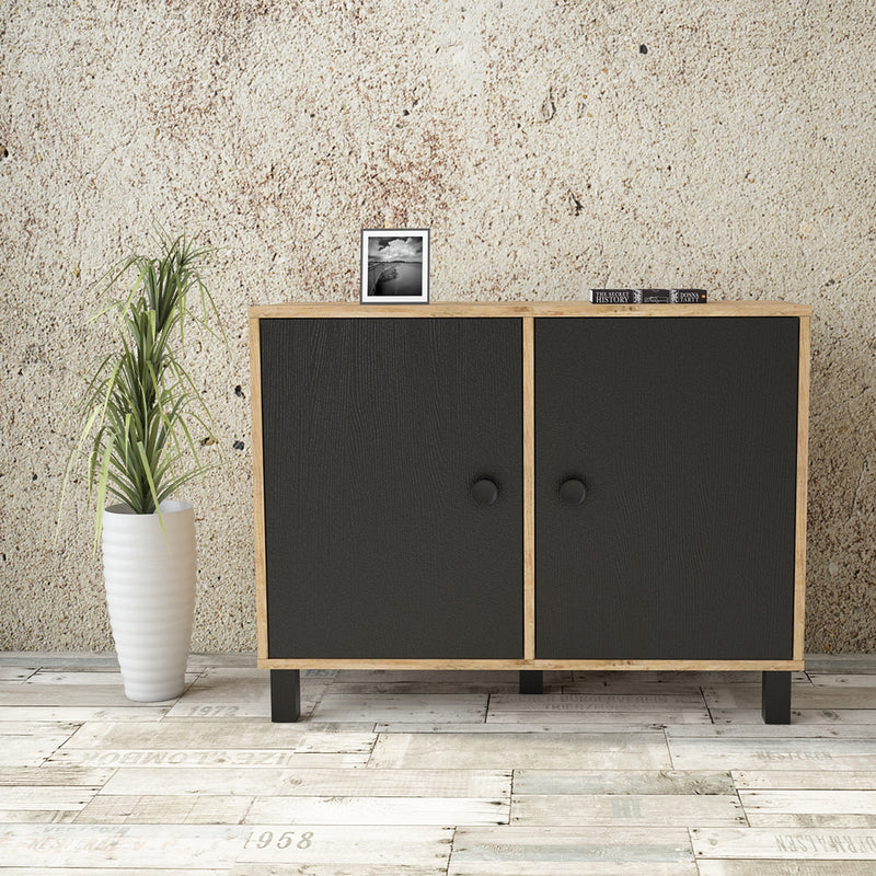 Cabinet din pal si lemn, cu 2 usi Vilamo VL35-238 Negru / Natural, l96xA40xH73,6 cm (1)