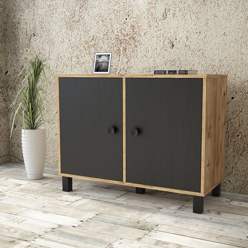 Cabinet din pal si lemn, cu 2 usi Vilamo VL35-238 Negru / Natural, l96xA40xH73,6 cm