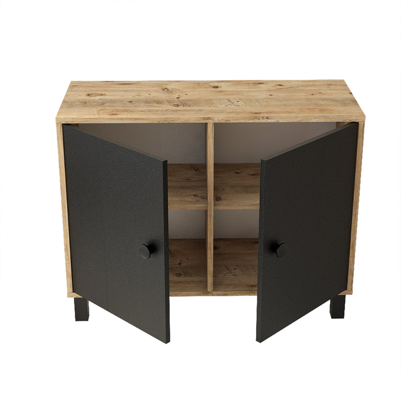 Cabinet din pal si lemn, cu 2 usi Vilamo VL35-238 Negru / Natural, l96xA40xH73,6 cm (3)