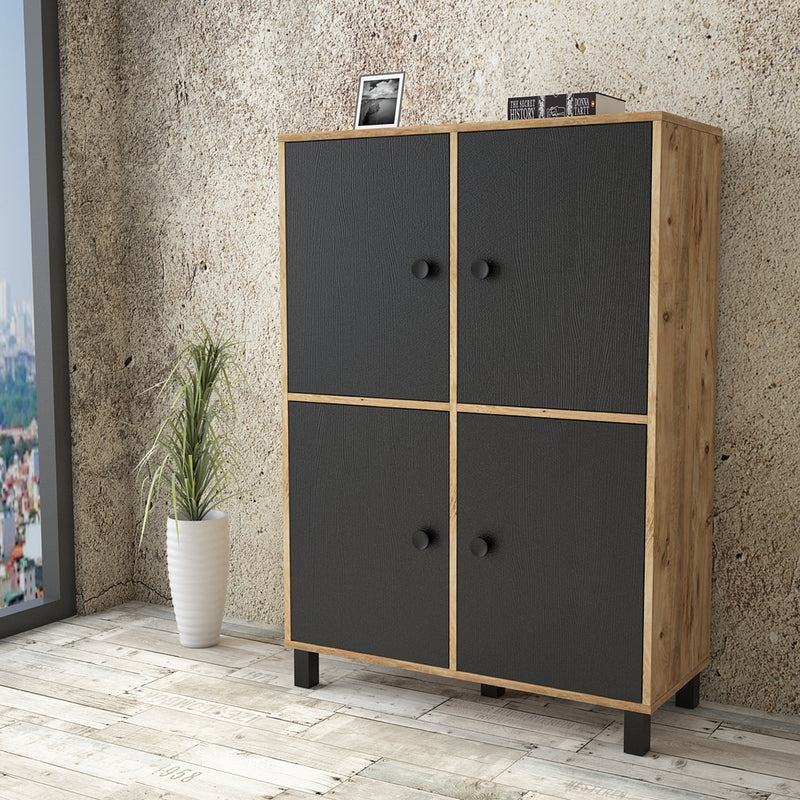 Cabinet din pal si lemn, cu 4 usi Vilamo VL45-238 Large Negru / Natural, l96xA40xH135,4 cm