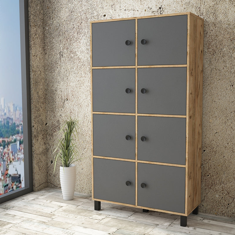 Cabinet din pal si lemn, cu 8 usi Vilamo VL59-228 Tall Antracit / Natural, l96xA40xH179,4 cm