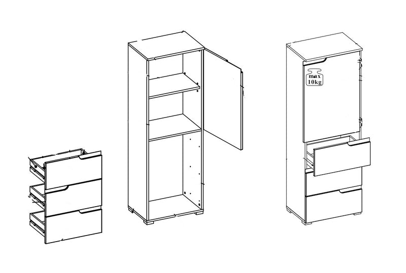 Cabinet din pal si MDF, cu 1 usa si 3 sertare Small Gabrielle 11 Alb, l50xA35xH145 cm (6)