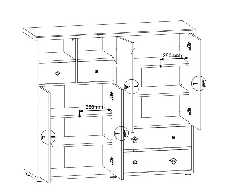 Cabinet hol din pal, cu 4 usi si 4 sertare Bazna Large Natur / Gri inchis, l130xA40xH117 cm (5)