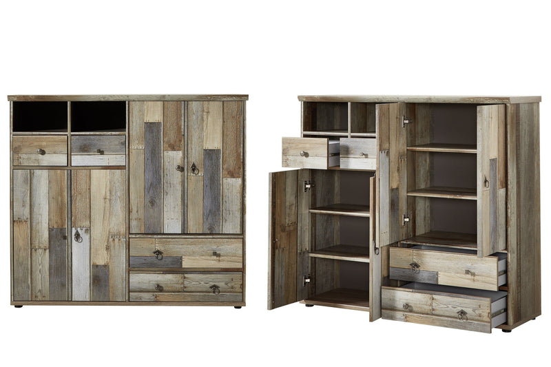 Cabinet hol din pal, cu 4 usi si 4 sertare Bazna Large Natur / Gri inchis, l130xA40xH117 cm (3)