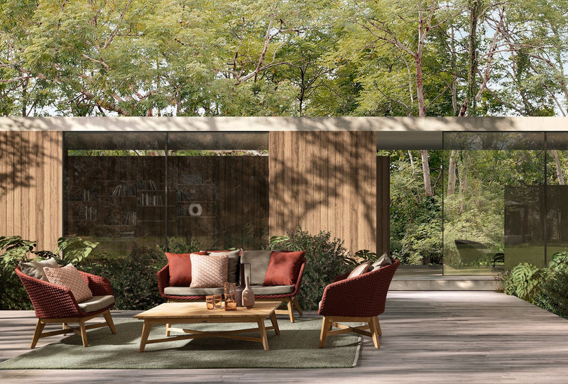 Canapea fixa pentru gradina / terasa, din aluminiu si lemn de tec, 2 locuri, Coachella Caramiziu / Grej / Natural, l168xA78xH77 cm (1)