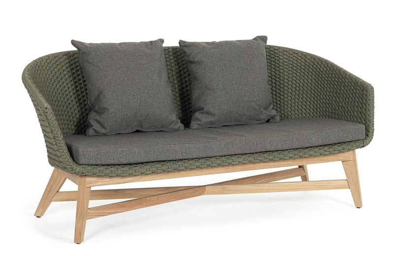 Canapea fixa pentru gradina / terasa, din aluminiu si lemn de tec, 2 locuri, Coachella Verde Olive / Natural, l168xA78xH77 cm