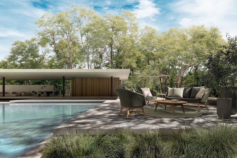 Canapea fixa pentru gradina / terasa, din aluminiu si lemn de tec, 2 locuri, Coachella Verde Olive / Natural, l168xA78xH77 cm (1)