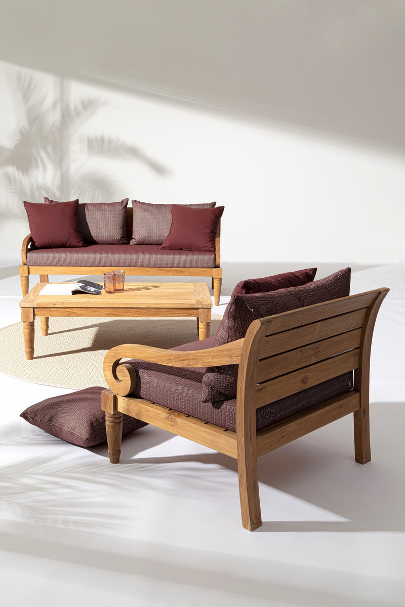 Canapea fixa pentru gradina / terasa, din lemn de tec, 3 locuri, Karuba Burgundy / Natural, l165xA80xH75 cm (1)