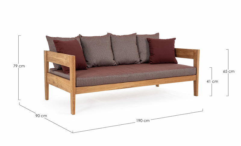 Canapea fixa pentru gradina / terasa, din lemn de tec, cu perne detasabile, 3 locuri, Kobo Burgundy / Natural, l190xA90xH79 cm (9)