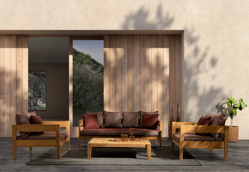 Canapea fixa pentru gradina / terasa, din lemn de tec, cu perne detasabile, 3 locuri, Kobo Burgundy / Natural, l190xA90xH79 cm (1)