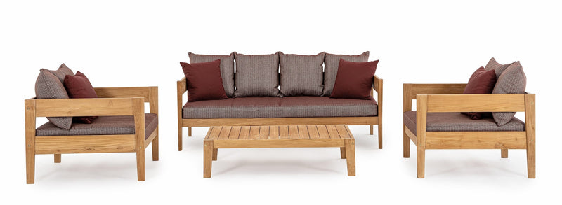Canapea fixa pentru gradina / terasa, din lemn de tec, cu perne detasabile, 3 locuri, Kobo Burgundy / Natural, l190xA90xH79 cm (2)