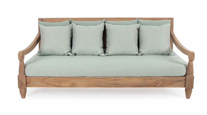 Canapea fixa pentru gradina / terasa, din lemn de tec, cu perne detasabile tapitate cu stofa, 3 locuri, Bali Bleu / Natural, l190xA112xH81 cm (2)