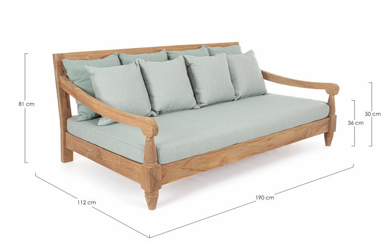 Canapea fixa pentru gradina / terasa, din lemn de tec, cu perne detasabile tapitate cu stofa, 3 locuri, Bali Bleu / Natural, l190xA112xH81 cm (8)
