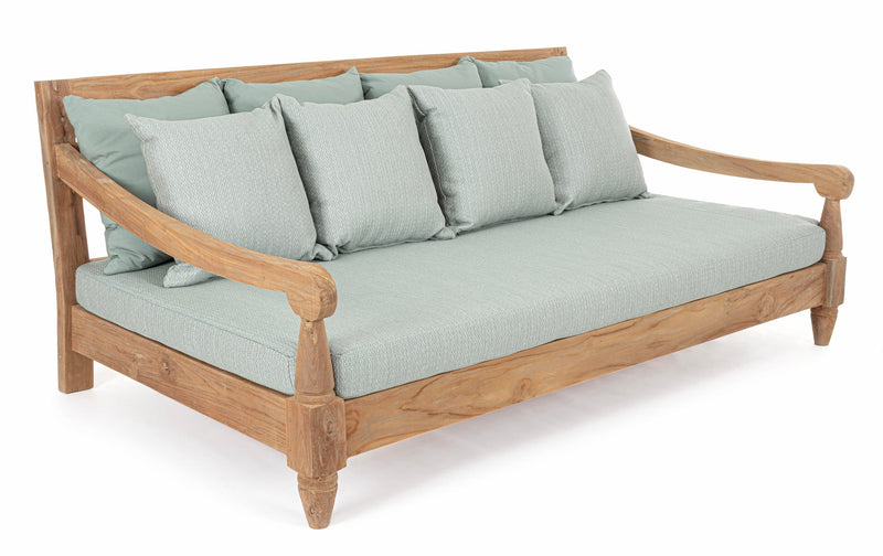 Canapea fixa pentru gradina / terasa, din lemn de tec, cu perne detasabile tapitate cu stofa, 3 locuri, Bali Bleu / Natural, l190xA112xH81 cm