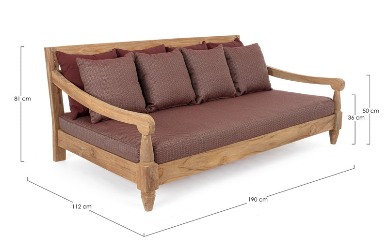 Canapea fixa pentru gradina / terasa, din lemn de tec, cu perne detasabile tapitate cu stofa, 3 locuri, Bali Burgundy / Natural, l190xA112xH81 cm (8)