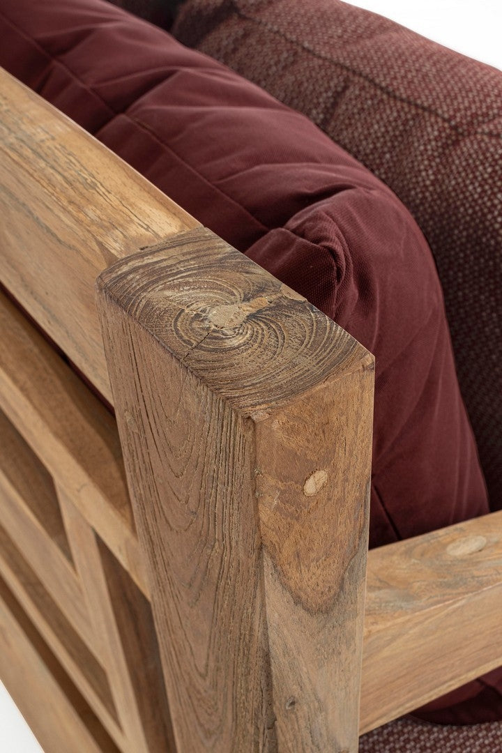 Canapea fixa pentru gradina / terasa, din lemn de tec, cu perne detasabile tapitate cu stofa, 3 locuri, Bali Burgundy / Natural, l190xA112xH81 cm (7)