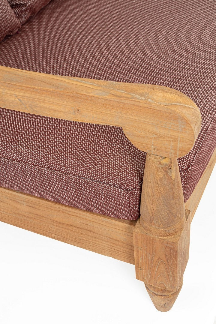Canapea fixa pentru gradina / terasa, din lemn de tec, cu perne detasabile tapitate cu stofa, 3 locuri, Bali Burgundy / Natural, l190xA112xH81 cm (5)